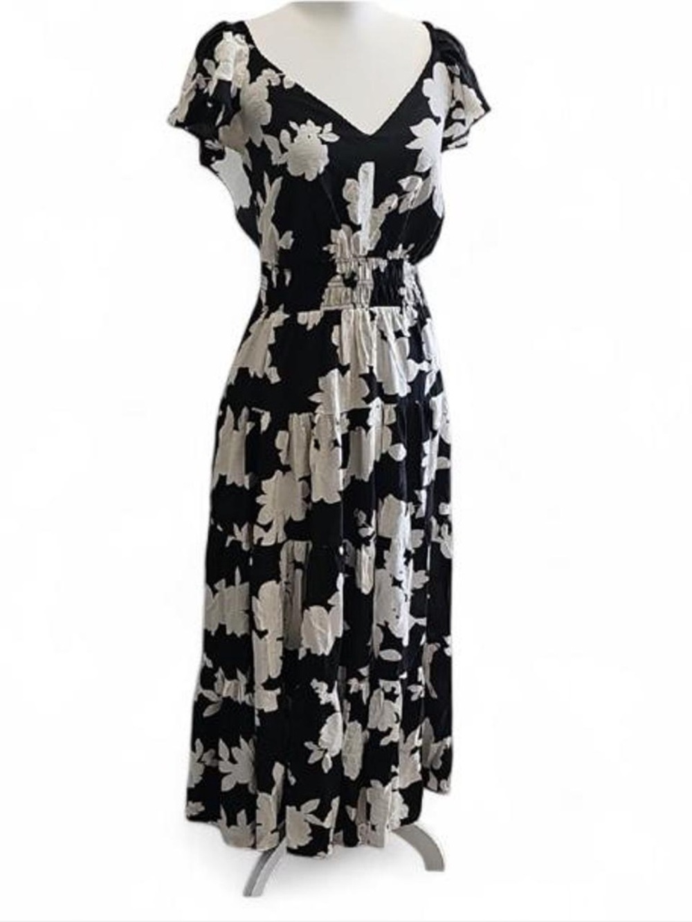 Rachel Zoe Black & Cream Floral V-Neck Midi Dress